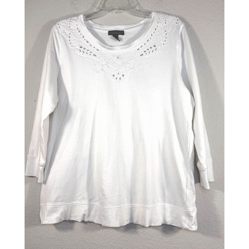 Lauren Ralph Lauren White Cotton Eyelet Embroidered Top L 3/4 Sleeves Preppy - Picture 2 of 6